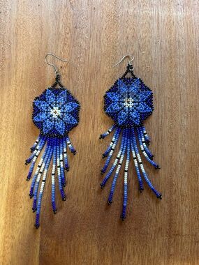 Blue Beaded Fringe Floral Earrings